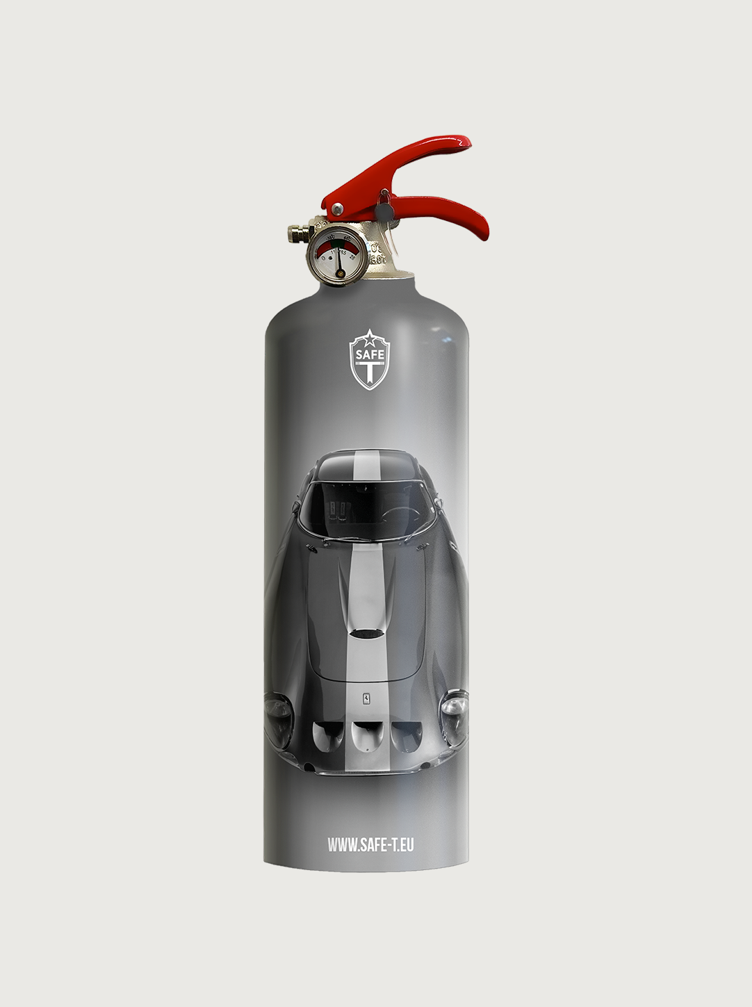 Feuerlöscher mit Grau/Weiß Ferrari‑Motiv und Rüstungsrot im Verschluss– sportliches Design