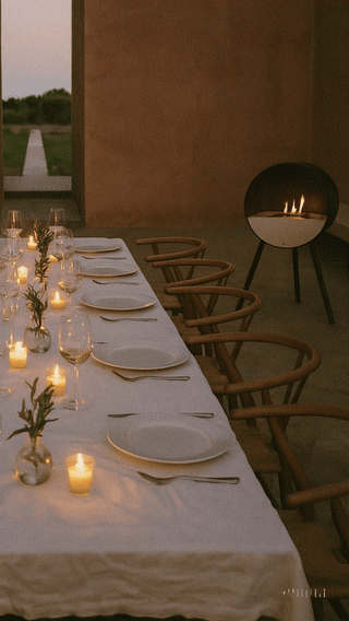 summer dinner table in Tuscany evening setting with le feu eye fireplace lighted in the background