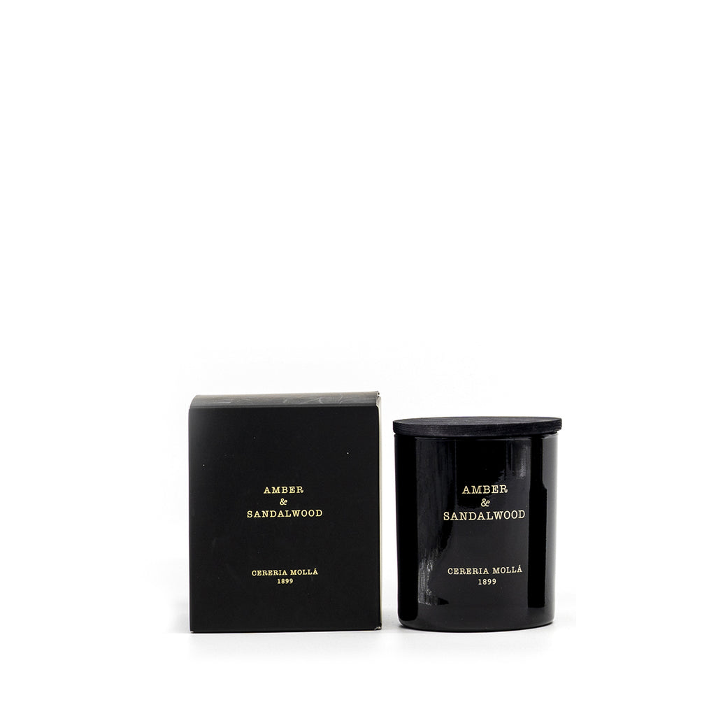 Cereria Molla 1899 Amber & Sandalwood Duftkerze 70 g – schwarzes Glas, Box daneben