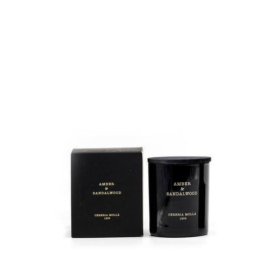Cereria Molla 1899 Amber & Sandalwood Duftkerze 70 g – schwarzes Glas, Box daneben