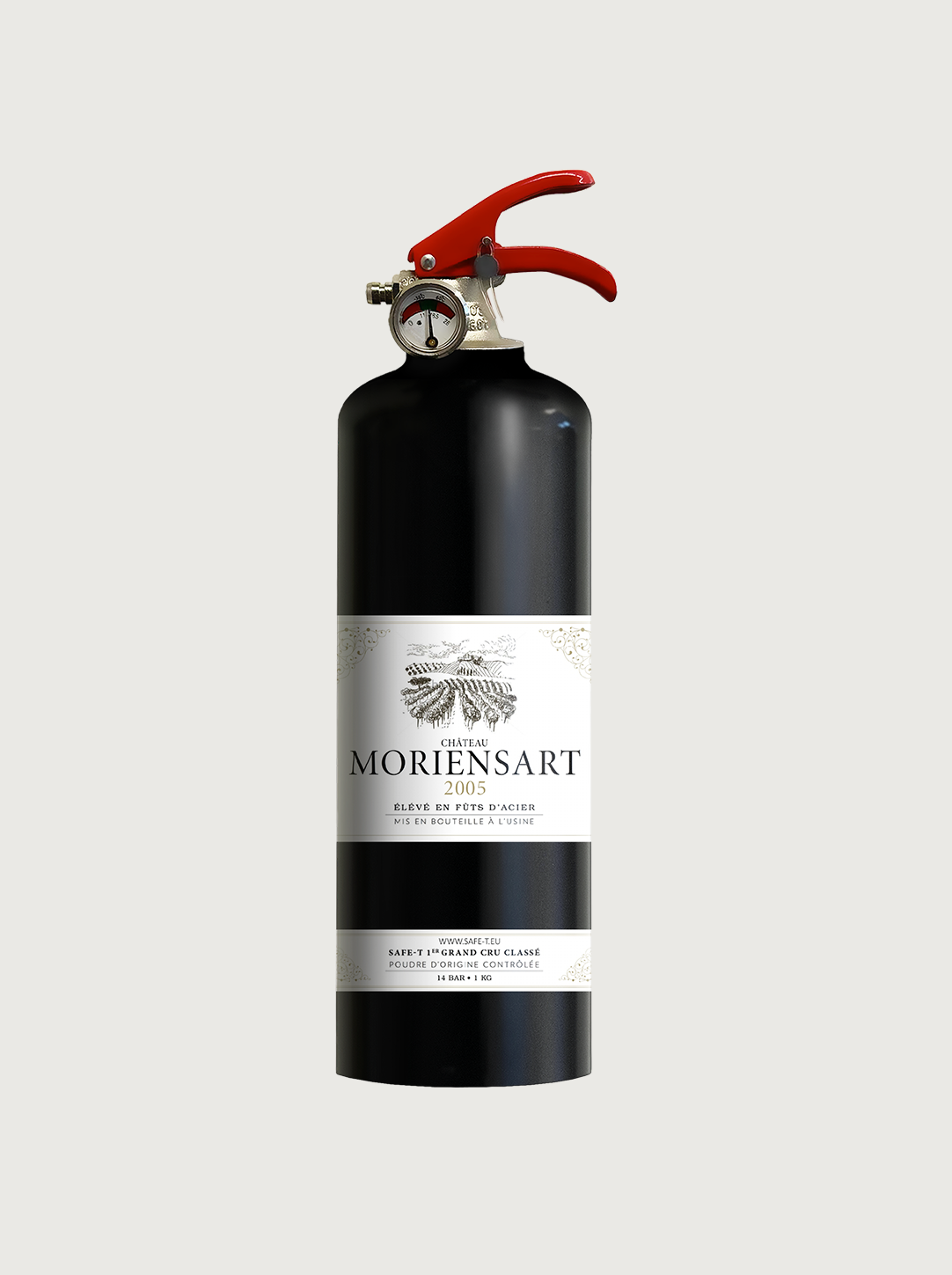 Feuerlöscher mit Wein‑Etikett‑Motiv – stilvolles Zubehör für Weingenießer