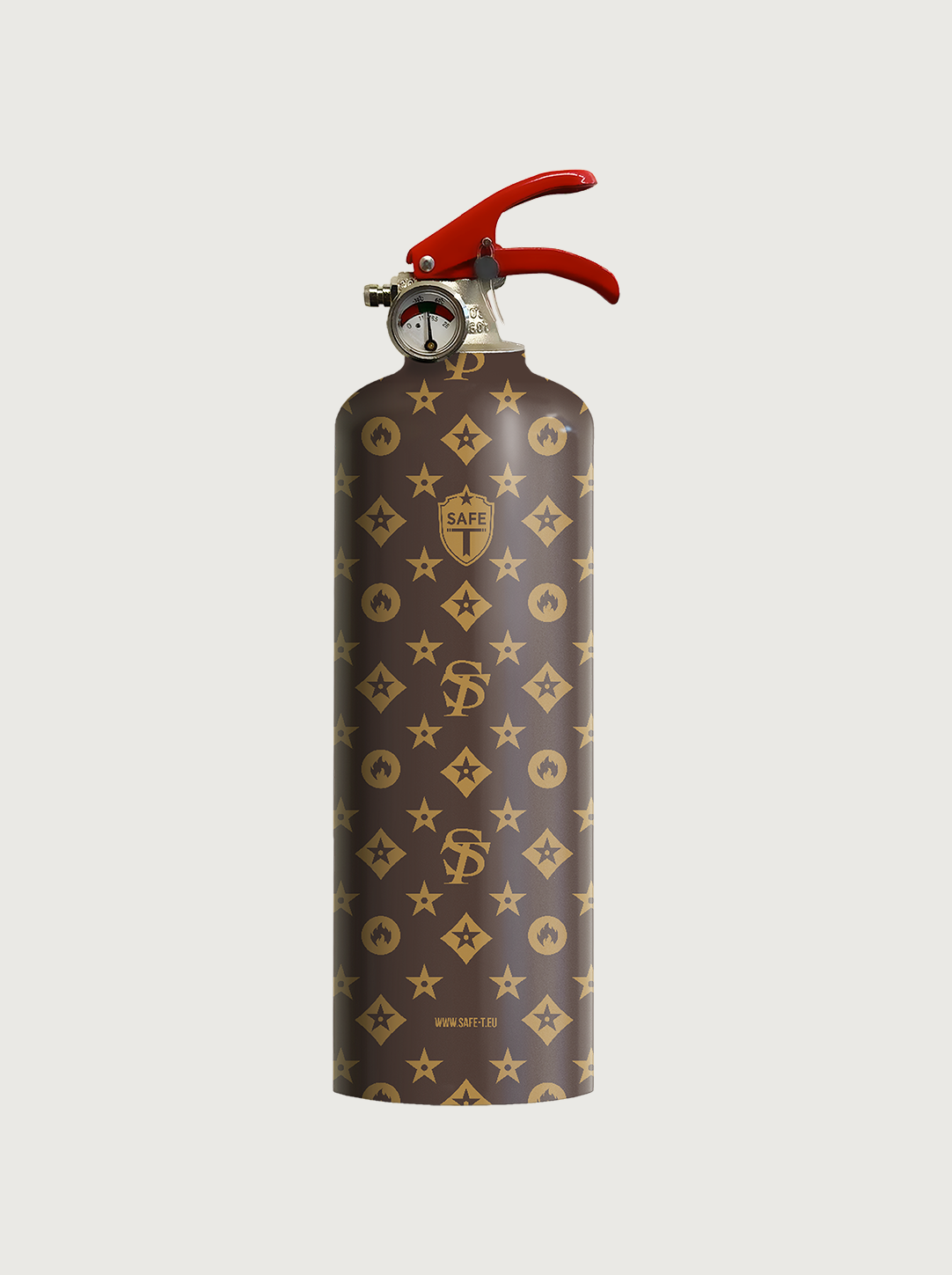 Feuerlöscher mit Louis‑Vuitton‑Monogramm‑Muster in Braun/Beige – luxuriöser In‑Look