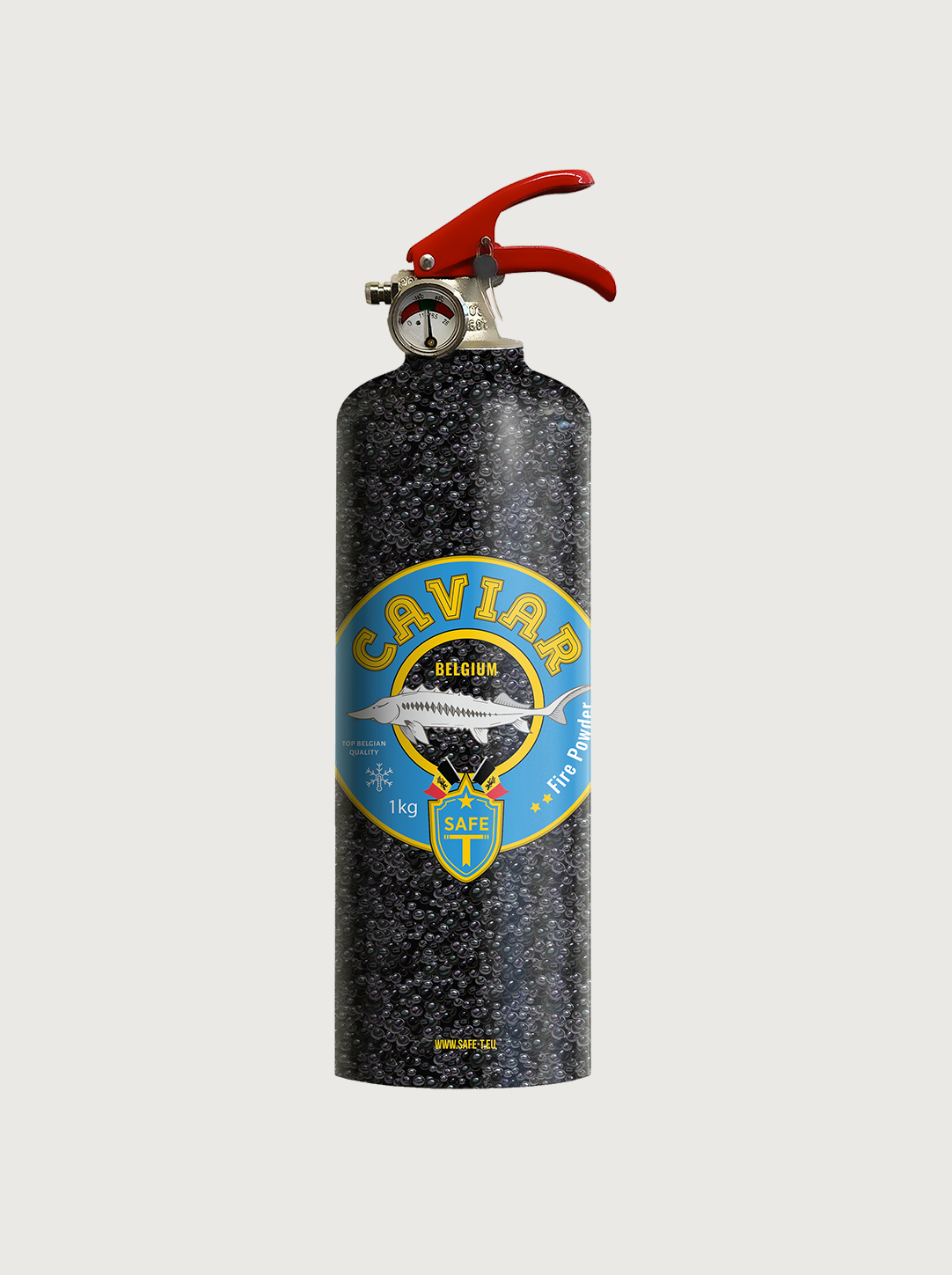 Feuerlöscher mit Caviar‑Print in Schwarz/Silber – stilvolles Küchenaccessoire