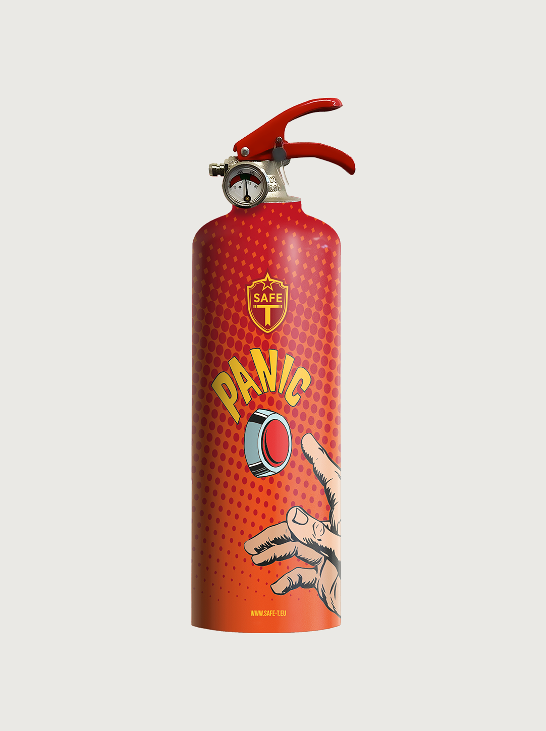 Feuerlöscher mit Pop‑Art Panic‑Button‑Motiv in leuchtendem Rot/Gelb