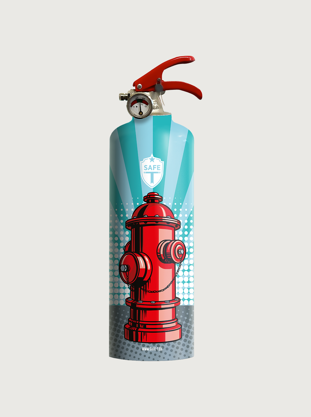 Feuerlöscher im Pop‑Art‑Stil mit Grafik „Pop Fire“ – knalliges Farbdesign