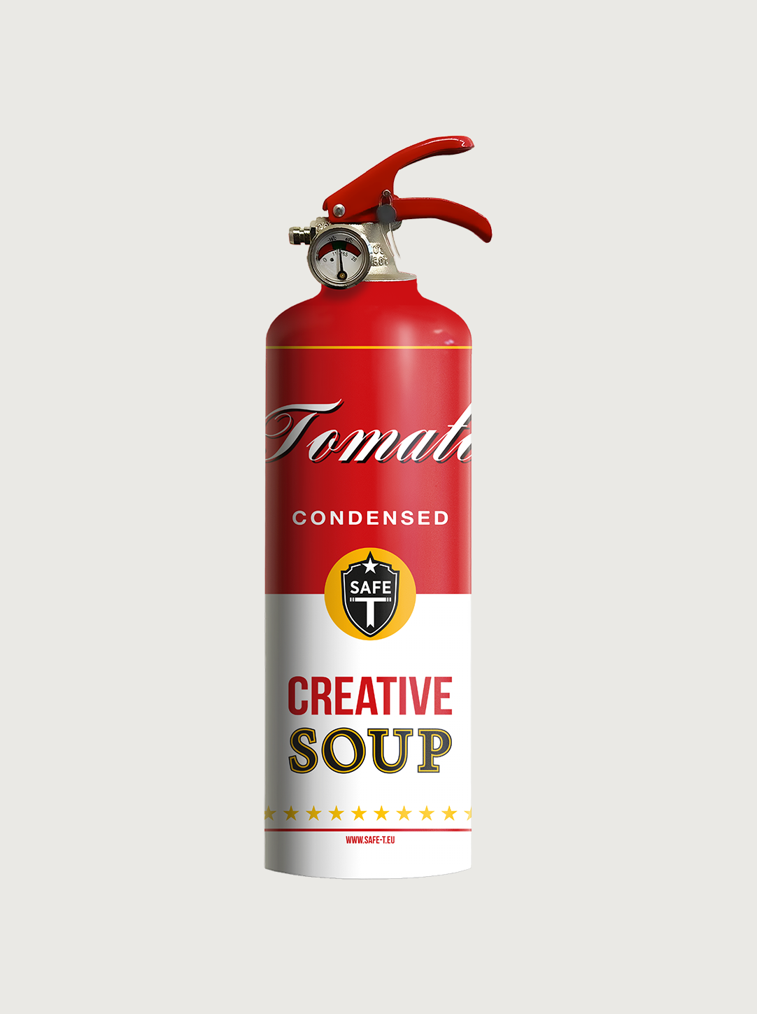 Feuerlöscher mit Retro Tomatensuppen‑Dosenprint – Pop‑Art Küchenklassiker
