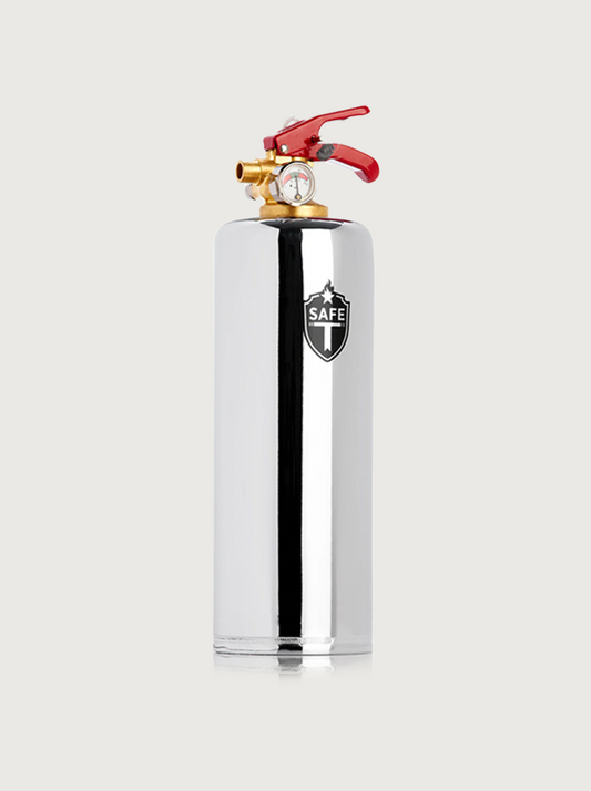 Premium Feuerlöscher in Chrom‑Silber hochglänzend – edles Metall‑Finish