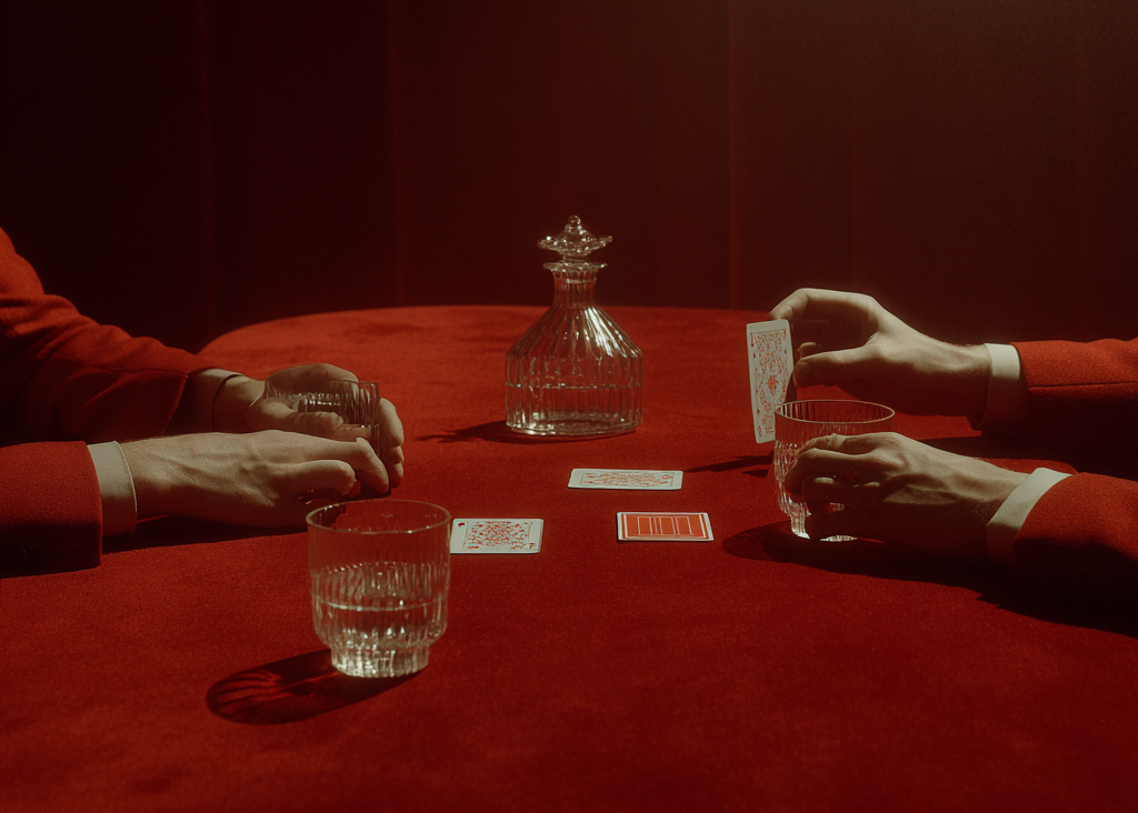 Conceptual photograph of two people playing cards in a retro bar setting, minimalist composition with a strong visual identity. The entire scene bathed in intense red tones with small white accents, vibrant, pop yet elegant aesthetic. ferrari-red. The cards are a custom deck reimagined with product motifs: one has a bioethanol-fireplace at jokers, scented candles ins glasses as queens, vases as diamonds, and iconic vintage typography.
