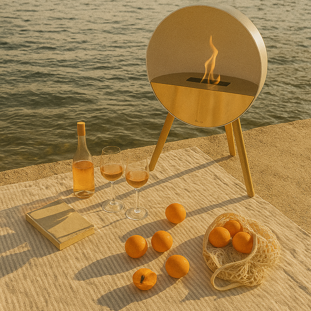 Le Feu Fireplace Eye at beach with rose wine glasses and peaches and oranges