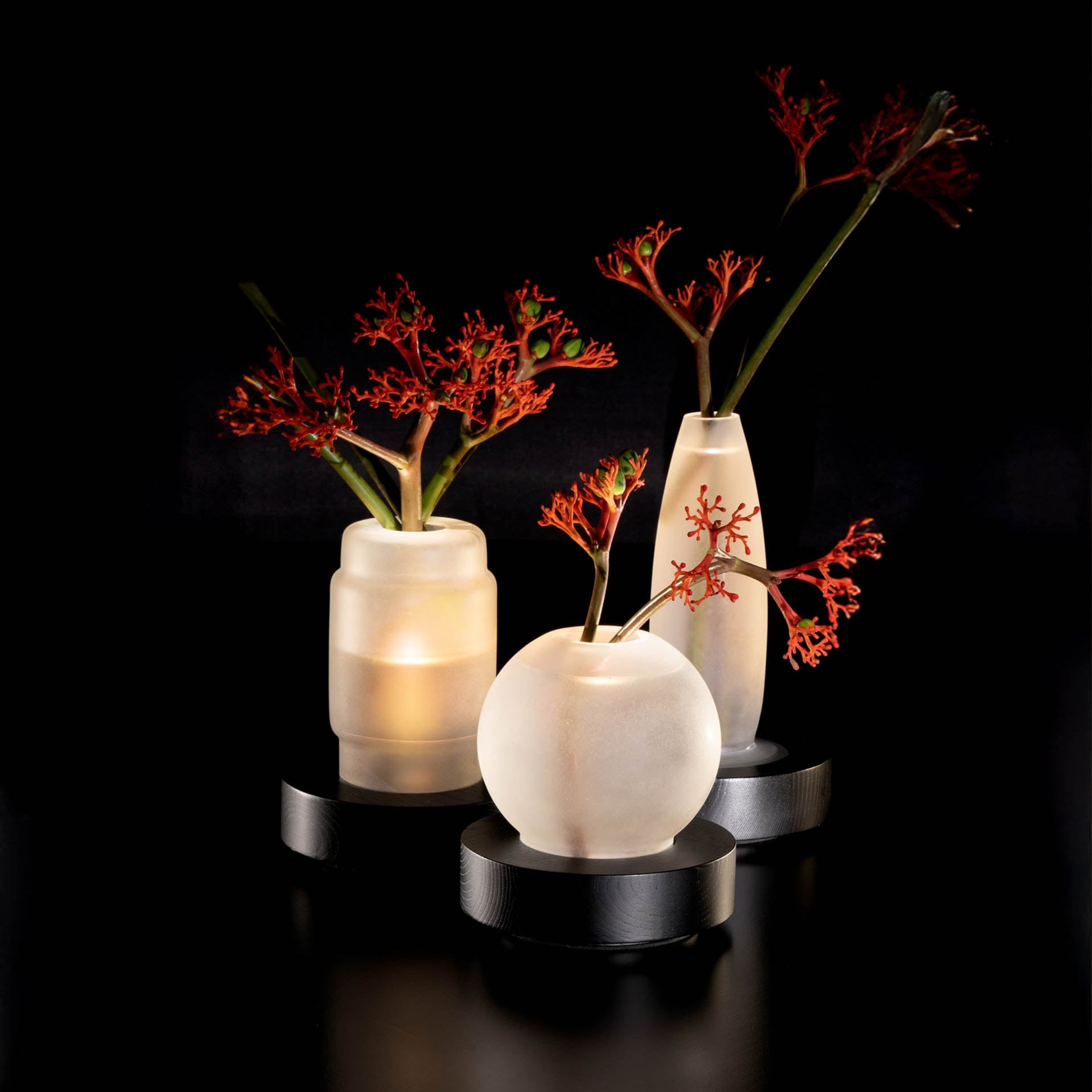 Serax Vase/Lampe Lara – beleuchtet im Blumenarrangement in Vase auf dunklem Hintergrund, leuchtet von unten