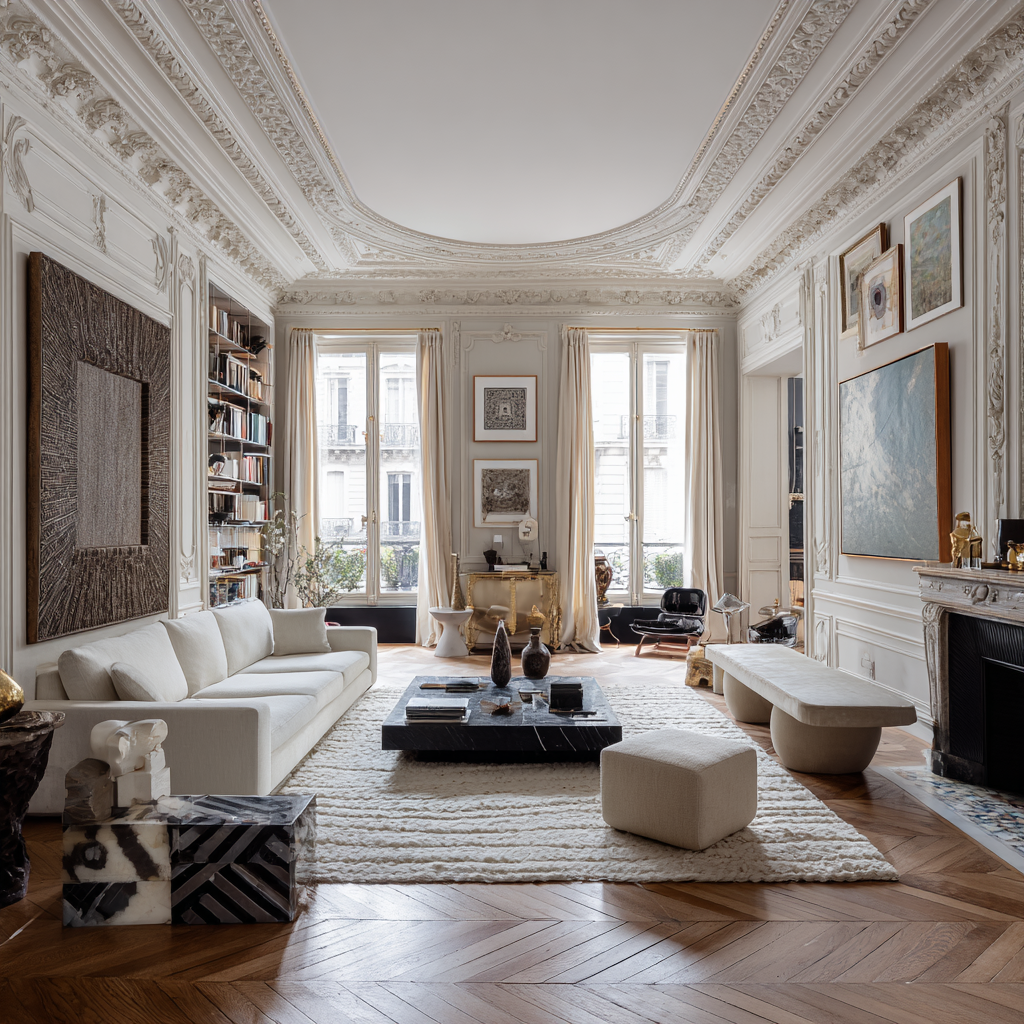 photo editorial of a bright Parisian artsy and luxurious interior