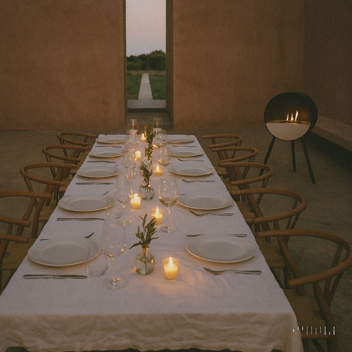 Dinner Table im Sommer mit Gläsern und Le Feu Bioethanol EYE Kamin m Hintergrund, Kerzen auf dem Tisch und weiße Tischdecke